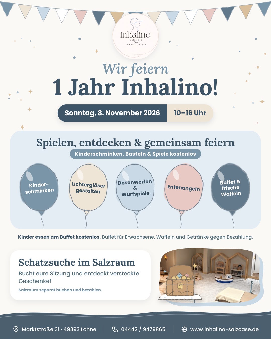 Einladung: 1 Jahr Inhalino am Sonntag, 8. November 2026, 10 bis 16 Uhr, mit Kinderschminken, Basteln, Spielen, Buffet und Schatzsuche im Salzraum